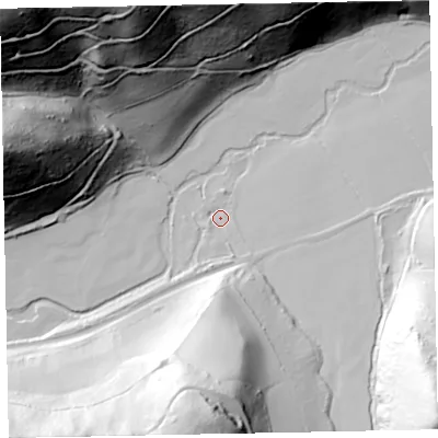 Shaded relief map of the ground around TA246TB, computed from Environment Agency LiDAR. The ground here sits at about 42 m above sea level and falls 158 m across the surrounding 800 m. Surface water reaching this point runs off ground lying to the south-south-east, 5.3 m higher.