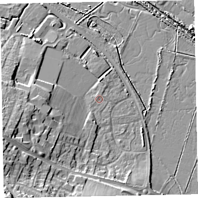 Shaded relief map of the ground around TA246TE, computed from Environment Agency LiDAR. The ground here sits at about 7 m above sea level and falls 24 m across the surrounding 800 m. The ground contributing surface water to this point lies to the east-north-east.