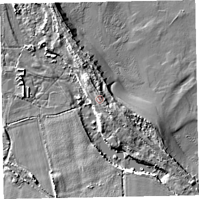 Shaded relief map of the ground around TA246TH, computed from Environment Agency LiDAR. The ground here sits at about 9 m above sea level and falls 13 m across the surrounding 800 m. Surface water reaching this point runs off ground lying to the south-east, 2.1 m higher.