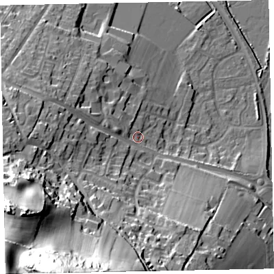 Shaded relief map of the ground around TA246TW, computed from Environment Agency LiDAR. The ground here sits at about 13 m above sea level and falls 77 m across the surrounding 800 m. Surface water reaching this point runs off ground lying to the south-south-west, 69.2 m higher.