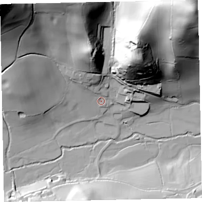 Shaded relief map of the ground around TA246TZ, computed from Environment Agency LiDAR. The ground here sits at about 63 m above sea level and falls 103 m across the surrounding 800 m. Surface water reaching this point runs off ground lying to the north-north-west, 27.7 m higher.
