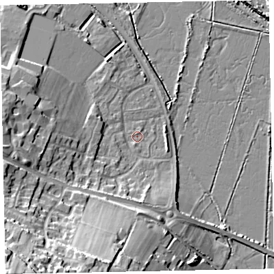 Shaded relief map of the ground around TA246UQ, computed from Environment Agency LiDAR. The ground here sits at about 6 m above sea level and falls 34 m across the surrounding 800 m. Surface water reaching this point runs off ground lying to the south-south-west, 5.6 m higher.