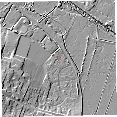 Shaded relief map of the ground around TA246US, computed from Environment Agency LiDAR. The ground here sits at about 7 m above sea level and falls 16 m across the surrounding 800 m. Surface water reaching this point runs off ground lying to the west, 0.9 m higher.