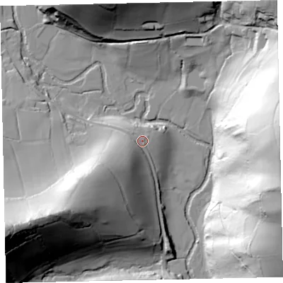 Shaded relief map of the ground around TA247AE, computed from Environment Agency LiDAR. The ground here sits at about 196 m above sea level and falls 91 m across the surrounding 800 m. Surface water reaching this point runs off ground lying to the south-west, 41.9 m higher.