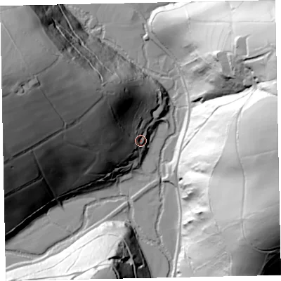 Shaded relief map of the ground around TA247AF, computed from Environment Agency LiDAR. The ground here sits at about 189 m above sea level and falls 102 m across the surrounding 800 m. Surface water reaching this point runs off ground lying to the west-north-west, 82.2 m higher.