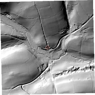 Shaded relief map of the ground around TA247EQ, computed from Environment Agency LiDAR. The ground here sits at about 240 m above sea level and falls 75 m across the surrounding 800 m. Surface water reaching this point runs off ground lying to the north, 64.7 m higher.