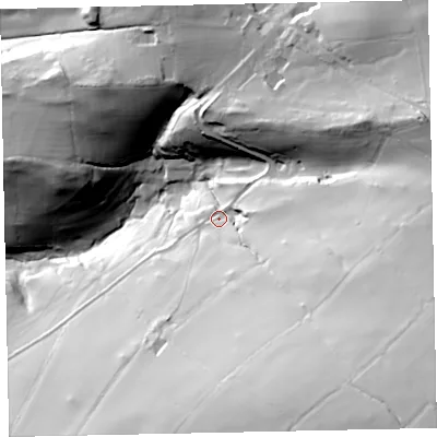 Shaded relief map of the ground around TA247EX, computed from Environment Agency LiDAR. The ground here sits at about 274 m above sea level and falls 122 m across the surrounding 800 m. Surface water reaching this point runs off ground lying to the south-east, 75.4 m higher.