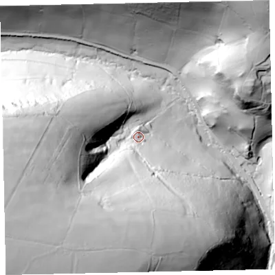 Shaded relief map of the ground around TA247HX, computed from Environment Agency LiDAR. The ground here sits at about 257 m above sea level and falls 140 m across the surrounding 800 m. Surface water reaching this point runs off ground lying to the south-west, 103.6 m higher.