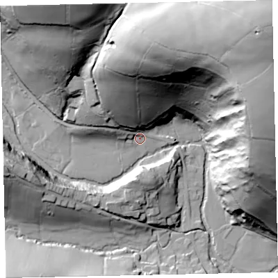 Shaded relief map of the ground around TA247JF, computed from Environment Agency LiDAR. The ground here sits at about 192 m above sea level and falls 140 m across the surrounding 800 m. Surface water reaching this point runs off ground lying to the north-north-east, 96.4 m higher.