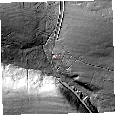 Shaded relief map of the ground around TA247LB, computed from Environment Agency LiDAR. The ground here sits at about 420 m above sea level and falls 77 m across the surrounding 800 m. Surface water reaching this point runs off ground lying to the north-east, 27.0 m higher.