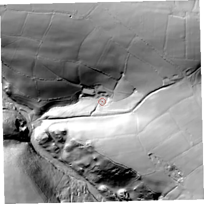 Shaded relief map of the ground around TA247ND, computed from Environment Agency LiDAR. The ground here sits at about 311 m above sea level and falls 95 m across the surrounding 800 m. Surface water reaching this point runs off ground lying to the north, 62.3 m higher.