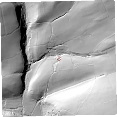 Shaded relief map of the ground around TA247PD, computed from Environment Agency LiDAR. The ground here sits at about 277 m above sea level and falls 122 m across the surrounding 800 m. Surface water reaching this point runs off ground lying to the east, 55.9 m higher.