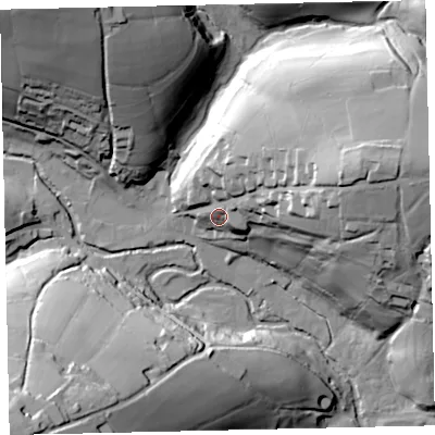 Shaded relief map of the ground around TA247PP, computed from Environment Agency LiDAR. The ground here sits at about 263 m above sea level and falls 58 m across the surrounding 800 m. Surface water reaching this point runs off ground lying to the east-north-east, 36.1 m higher.