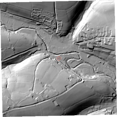 Shaded relief map of the ground around TA247PU, computed from Environment Agency LiDAR. The ground here sits at about 254 m above sea level and falls 71 m across the surrounding 800 m. Surface water reaching this point runs off ground lying to the south-south-west, 44.4 m higher.
