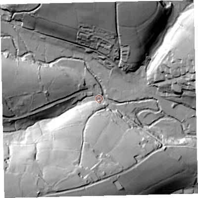 Shaded relief map of the ground around TA247PX, computed from Environment Agency LiDAR. The ground here sits at about 254 m above sea level and falls 77 m across the surrounding 800 m. Surface water reaching this point runs off ground lying to the south-west, 73.7 m higher.