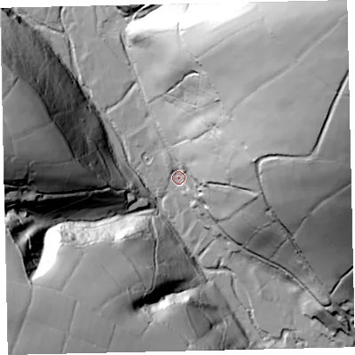 Shaded relief map of the ground around TA247QE, computed from Environment Agency LiDAR. The ground here sits at about 266 m above sea level and falls 104 m across the surrounding 800 m. Surface water reaching this point runs off ground lying to the east-north-east, 64.9 m higher.