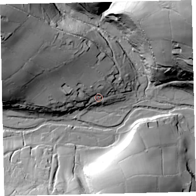 Shaded relief map of the ground around TA247QP, computed from Environment Agency LiDAR. The ground here sits at about 255 m above sea level and falls 91 m across the surrounding 800 m. Surface water reaching this point runs off ground lying to the north-west, 30.8 m higher.
