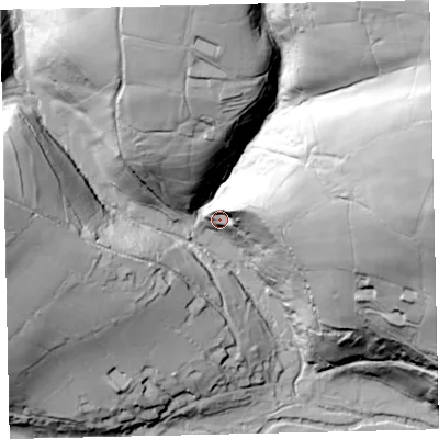 Shaded relief map of the ground around TA247QS, computed from Environment Agency LiDAR. The ground here sits at about 261 m above sea level and falls 104 m across the surrounding 800 m. Surface water reaching this point runs off ground lying to the east-north-east, 45.2 m higher.