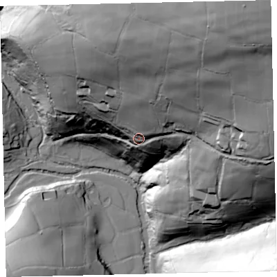 Shaded relief map of the ground around TA247RP, computed from Environment Agency LiDAR. The ground here sits at about 291 m above sea level and falls 132 m across the surrounding 800 m. Surface water reaching this point runs off ground lying to the north-east, 88.0 m higher.
