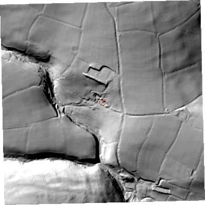 Shaded relief map of the ground around TA247RQ, computed from Environment Agency LiDAR. The ground here sits at about 310 m above sea level and falls 74 m across the surrounding 800 m. Surface water reaching this point runs off ground lying to the north, 34.6 m higher.