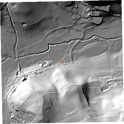 Shaded relief map of the ground around TA247TB, computed from Environment Agency LiDAR. The ground here sits at about 60 m above sea level and falls 90 m across the surrounding 800 m. Surface water reaching this point runs off ground lying to the south, 55.0 m higher.