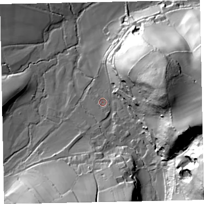 Shaded relief map of the ground around TA247TE, computed from Environment Agency LiDAR. The ground here sits at about 70 m above sea level and falls 79 m across the surrounding 800 m. Surface water reaching this point runs off ground lying to the south, 1.8 m higher.