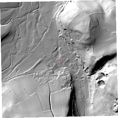 Shaded relief map of the ground around TA247TG, computed from Environment Agency LiDAR. The ground here sits at about 73 m above sea level and falls 82 m across the surrounding 800 m. Surface water reaching this point runs off ground lying to the east-south-east, 73.5 m higher.
