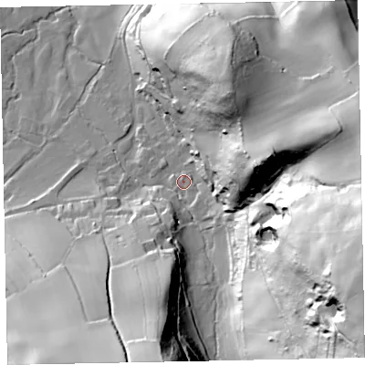 Shaded relief map of the ground around TA247TQ, computed from Environment Agency LiDAR. The ground here sits at about 76 m above sea level and falls 98 m across the surrounding 800 m. Surface water reaching this point runs off ground lying to the east-north-east, 48.9 m higher.