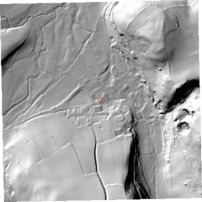 Shaded relief map of the ground around TA247TU, computed from Environment Agency LiDAR. The ground here sits at about 75 m above sea level and falls 73 m across the surrounding 800 m. Surface water reaching this point runs off ground lying to the south, 55.7 m higher.
