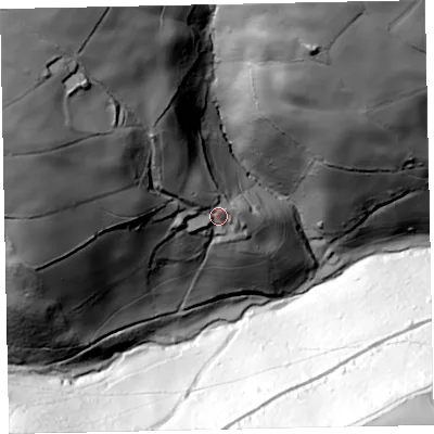 Shaded relief map of the ground around TA247UH, computed from Environment Agency LiDAR. The ground here sits at about 186 m above sea level and falls 169 m across the surrounding 800 m. Surface water reaching this point runs off ground lying to the north-west, 111.9 m higher.