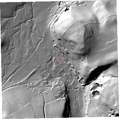 Shaded relief map of the ground around TA247UL, computed from Environment Agency LiDAR. The ground here sits at about 73 m above sea level and falls 93 m across the surrounding 800 m. Surface water reaching this point runs off ground lying to the east, 56.7 m higher.