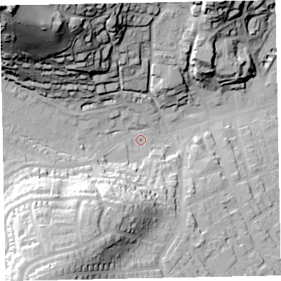 Shaded relief map of the ground around TA248AA, computed from Environment Agency LiDAR. The ground here sits at about 19 m above sea level and falls 92 m across the surrounding 800 m. Surface water reaching this point runs off ground lying to the south-south-west, 28.3 m higher.