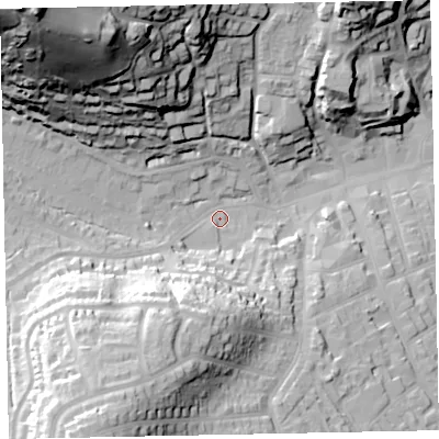 Shaded relief map of the ground around TA248AB, computed from Environment Agency LiDAR. The ground here sits at about 20 m above sea level and falls 88 m across the surrounding 800 m. Surface water reaching this point runs off ground lying to the north-west, 79.6 m higher.