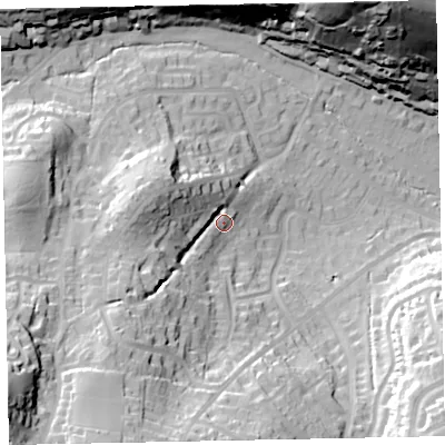 Shaded relief map of the ground around TA248AQ, computed from Environment Agency LiDAR. The ground here sits at about 38 m above sea level and falls 69 m across the surrounding 800 m. Surface water reaching this point runs off ground lying to the south-west, 26.7 m higher.