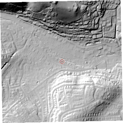 Shaded relief map of the ground around TA248AX, computed from Environment Agency LiDAR. The ground here sits at about 25 m above sea level and falls 83 m across the surrounding 800 m. Surface water reaching this point runs off ground lying to the north, 76.3 m higher.