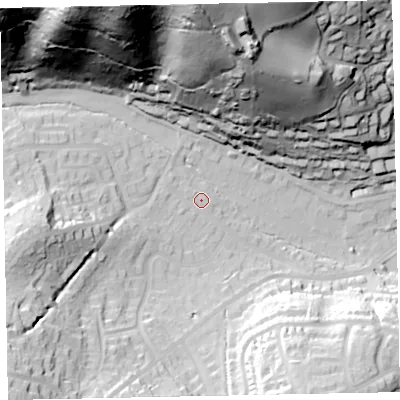 Shaded relief map of the ground around TA248AY, computed from Environment Agency LiDAR. The ground here sits at about 29 m above sea level and falls 109 m across the surrounding 800 m. Surface water reaching this point runs off ground lying to the west, 2.4 m higher.