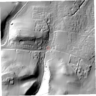 Shaded relief map of the ground around TA248DY, computed from Environment Agency LiDAR. The ground here sits at about 67 m above sea level and falls 95 m across the surrounding 800 m. Surface water reaching this point runs off ground lying to the south-west, 62.4 m higher.