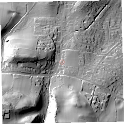 Shaded relief map of the ground around TA248DZ, computed from Environment Agency LiDAR. The ground here sits at about 65 m above sea level and falls 95 m across the surrounding 800 m. Surface water reaching this point runs off ground lying to the south-west, 62.9 m higher.
