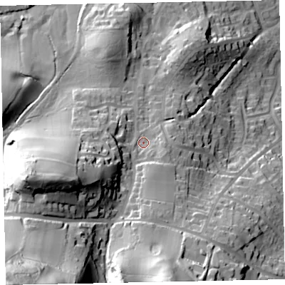 Shaded relief map of the ground around TA248EA, computed from Environment Agency LiDAR. The ground here sits at about 59 m above sea level and falls 91 m across the surrounding 800 m. Surface water reaching this point runs off ground lying to the south-west, 57.8 m higher.