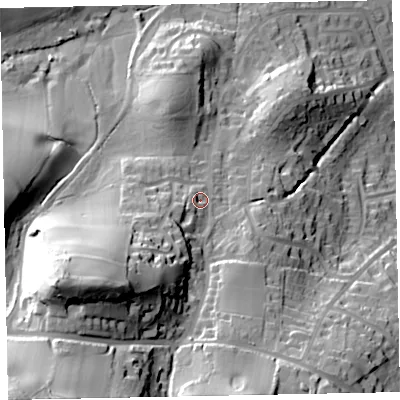 Shaded relief map of the ground around TA248EB, computed from Environment Agency LiDAR. The ground here sits at about 57 m above sea level and falls 77 m across the surrounding 800 m. Surface water reaching this point runs off ground lying to the south-west, 36.3 m higher.
