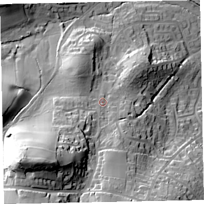 Shaded relief map of the ground around TA248ED, computed from Environment Agency LiDAR. The ground here sits at about 54 m above sea level and falls 68 m across the surrounding 800 m. Surface water reaching this point runs off ground lying to the south-west, 44.4 m higher.