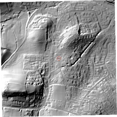 Shaded relief map of the ground around TA248EF, computed from Environment Agency LiDAR. The ground here sits at about 54 m above sea level and falls 69 m across the surrounding 800 m. Surface water reaching this point runs off ground lying to the south, 9.4 m higher.