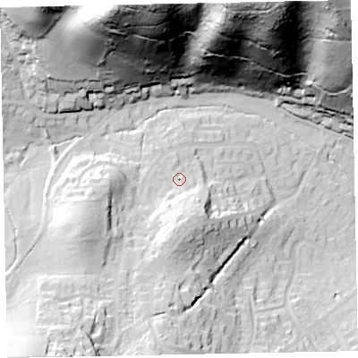 Shaded relief map of the ground around TA248EP, computed from Environment Agency LiDAR. The ground here sits at about 42 m above sea level and falls 111 m across the surrounding 800 m. Surface water reaching this point runs off ground lying to the south, 14.2 m higher.