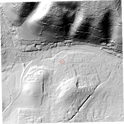 Shaded relief map of the ground around TA248EW, computed from Environment Agency LiDAR. The ground here sits at about 40 m above sea level and falls 124 m across the surrounding 800 m. Surface water reaching this point runs off ground lying to the south-west, 13.9 m higher.
