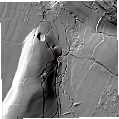 Shaded relief map of the ground around TA248HP, computed from Environment Agency LiDAR. The ground here sits at about 33 m above sea level and falls 99 m across the surrounding 800 m. Surface water reaching this point runs off ground lying to the south-west, 34.6 m higher.