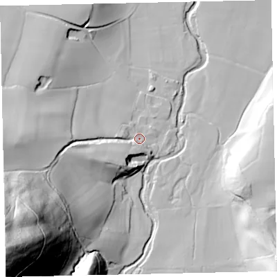 Shaded relief map of the ground around TA248HT, computed from Environment Agency LiDAR. The ground here sits at about 49 m above sea level and falls 128 m across the surrounding 800 m. Surface water reaching this point runs off ground lying to the west-south-west, 29.8 m higher.