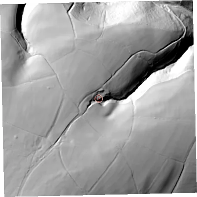 Shaded relief map of the ground around TA248JS, computed from Environment Agency LiDAR. The ground here sits at about 309 m above sea level and falls 157 m across the surrounding 800 m. Surface water reaching this point runs off ground lying to the south-south-west, 63.7 m higher.