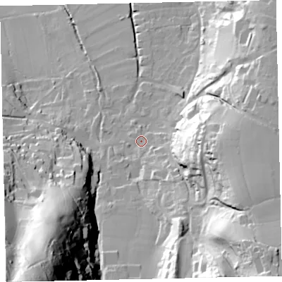 Shaded relief map of the ground around TA248LD, computed from Environment Agency LiDAR. The ground here sits at about 36 m above sea level and falls 123 m across the surrounding 800 m. Surface water reaching this point runs off ground lying to the south-east, 8.9 m higher.