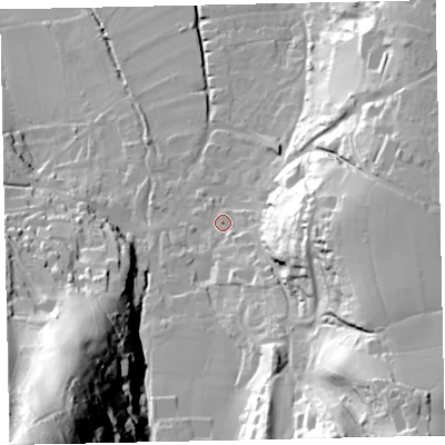 Shaded relief map of the ground around TA248LE, computed from Environment Agency LiDAR. The ground here sits at about 36 m above sea level and falls 123 m across the surrounding 800 m. Surface water reaching this point runs off ground lying to the south-east, 8.7 m higher.