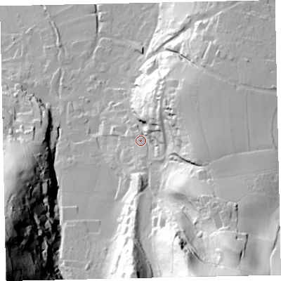Shaded relief map of the ground around TA248LJ, computed from Environment Agency LiDAR. The ground here sits at about 47 m above sea level and falls 121 m across the surrounding 800 m. Surface water reaching this point runs off ground lying to the south-south-east, 75.0 m higher.